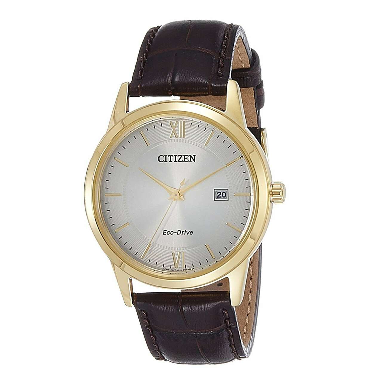Citizen AW1232-12A Eco-Drive Watch featuring a brown leather band and silver dial, showcasing its elegant design and functionality.